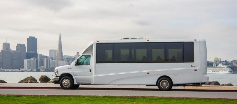 White mini bus in front of Las Vegas horizon