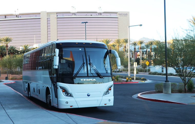 White charter bus in parking lot with lamp posts and trees surrounding and large brown building in background.