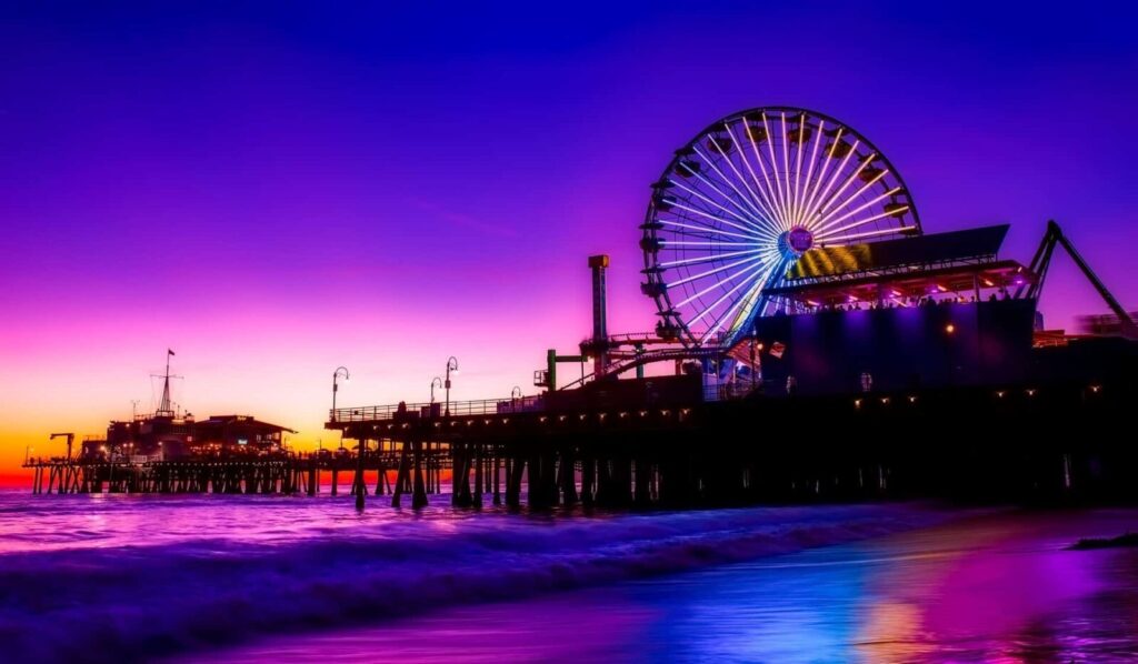 Ferris Wheel at Santa Monica Pier During Sunset