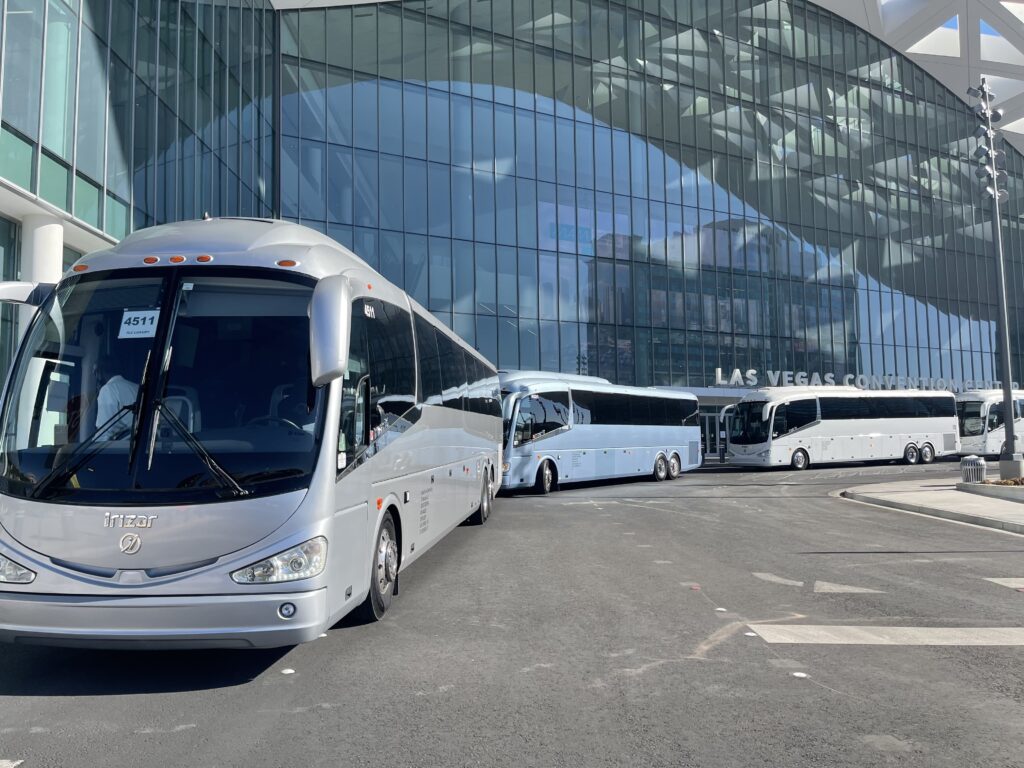Four Charter Buses parked outside of the Las Vegas Convention Center