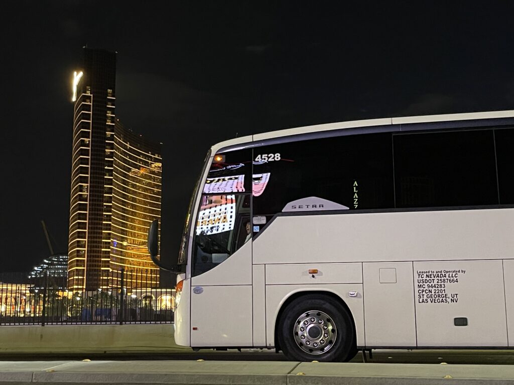 Charter Bus rental parked outside of the Wynn luxury hotel in Las Vegas