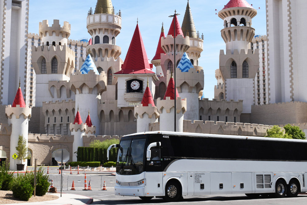 Vegas Bus Rental Company Vehicle Outside Excalibur Hotel