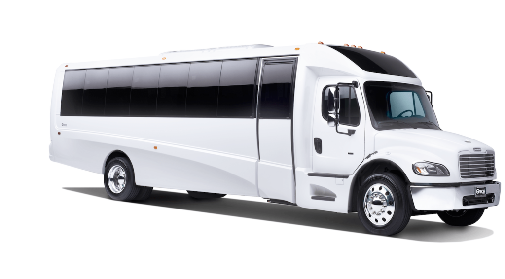 Exterior of white mini coach vehicle rental from TLC Luxury Transportation